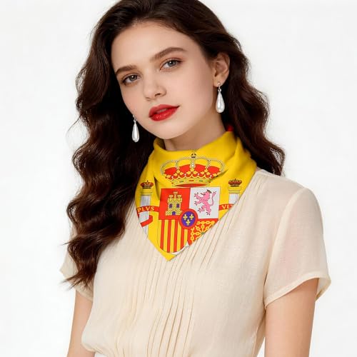 YINECO 27.5-inch Square Flag Bandana Head Scarf for Women - Red & Yellow Spain, Imitation Chiffon Silk Hair Neck Accessory