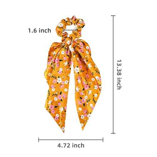 5-Piece Fabric Classic Bowknot Hair Ties, Elegant Hair Scarf Scrunchies Long Ribbon Ponytail Holders Head Bands, Elastic Vintage Bow Tie Hair Accessories for Ladies Women Girls (Flower Print)
