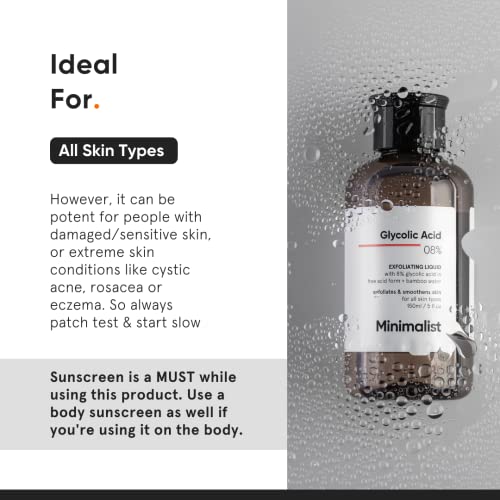 Minimalist Glycolic Acid 8% Exfoliating Toner for Glowing Skin | Multi-Functional Exfoliating Toner with Bamboo Water for Body, Face, Underarms & Scalp | for Women & Men | 5 Fl Oz / 150 ml