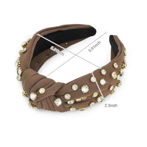 AMCAMI Brown Knotted Headband Rhinestone Jeweled Sparkly Headband for Women Girls Teacher Knot Beaded Crystal Headband Thick Dressy Headbands Hair Accessories for Women Girls
