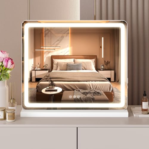 NEWBULIG 20"x22" LED Vanity Mirror with Lights, Lighted Smart Tabletop Makeup Mirrors for Desk, Touch Control Dimmable Brightness, 3 Color Lighting Modes