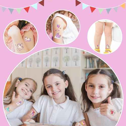 Partywind Glitter Temporary Tattoos for Kids Girls, Birthday Party Supplies Favors Decorations, Kids Goodie Bag Stuffers, Fake Tattoo Stickers for Back to School Party Games Prizes (50 Sheets)