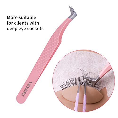 VEYES INC 1 pack L-Shaped Eyelash Extension Tweezers Lash Tweezers for Eyelash Extensions Pink