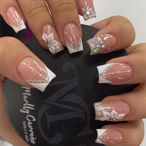 Short Square French Tip Press on Nails - White Flower & Star Design (24 Pcs)