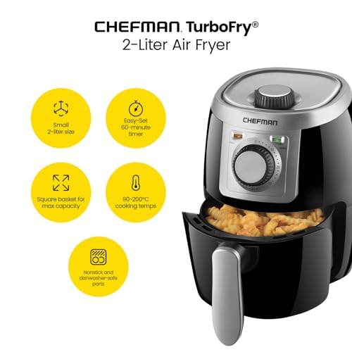 CHEFMAN Small, Compact Air Fryer Healthy Cooking, 2 Qt, Nonstick, User Friendly and Adjustable Temperature Control w/ 60 Minute Timer & Auto Shutoff, Dishwasher Safe Basket, BPA - Free, Black