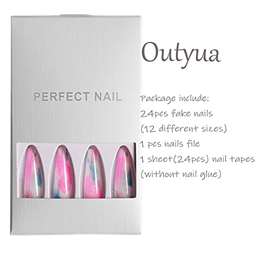 Outyua Glossy Smoke Pattern Fake Nails Coffin Extra Long Press on Nails with Design Ballerina Acrylic Super Long False Nails Designer Full Cover Artificial Nails for Women and Girls 24Pcs (Colorful)