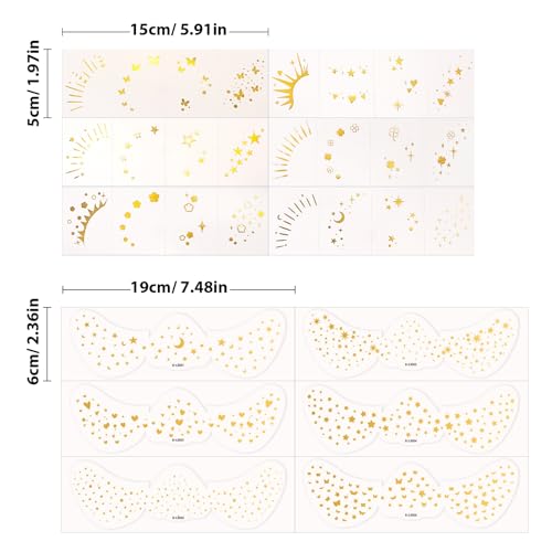 Gold Temporary Tattoo Stickers, 12 Sheets Metallic Face Tattoos