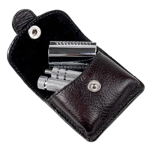 Parker A1R TRAVEL SAFETY RAZOR - Compact 4-Piece Double Edge Safety Razor with Protective Leather Case - Ideal for Everyday Use - Iconic Brand