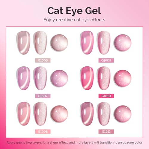 Pink Gem Cat Eye Gel Nail Polish Set - 6 Colors with Magnet, UV Long-Lasting Manicure
