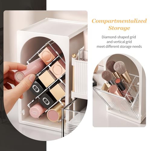Makeup Organizer for Vanity with Brush Holder, Large Bathroom Countertop Cosmetic Organizer Skin Care Storage, Easy to Store Lipsticks, Nail Polishes, Perfumes (White+Transparent)