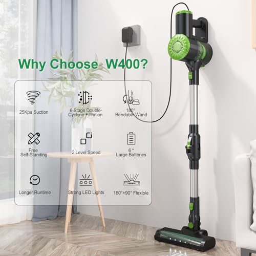 PRETTYCARELIFE Cordless Vacuum Cleaner, 6 in 1 Lightweight Stick Vacuum Self-Standing with Powerful Suction, 180° Bendable Wand Rechargeable Cordless Vacuum for Hardwood Floor (Green)