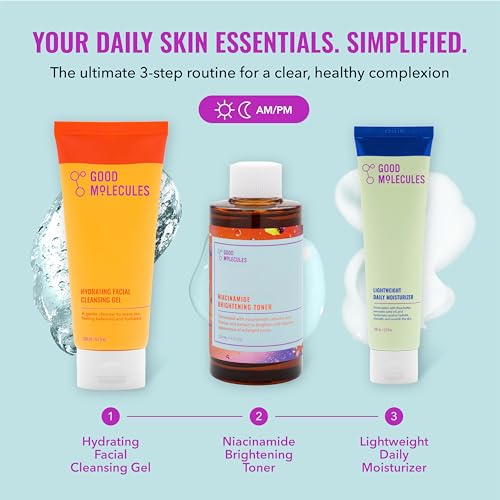 Good Molecules Cleanse, Tone & Moisturize Skincare Set ? Hydrating Facial Cleansing Gel (200ml), Niacinamide Brightening Toner (120ml) & Lightweight Daily Moisturizer (100ml)