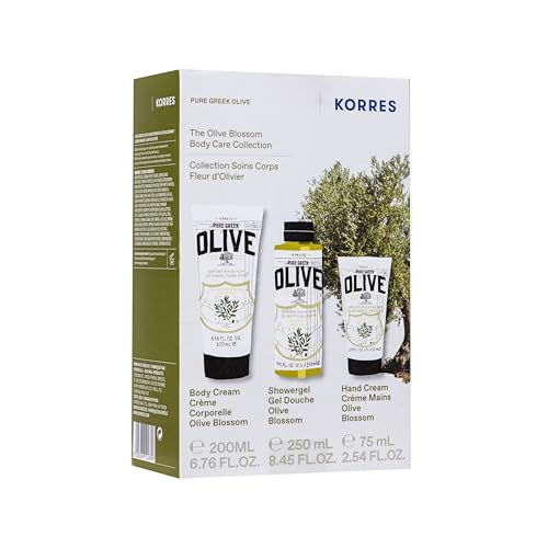 KORRES Olive Blossom Body Care Set, Hydrating Shower Gel (8.45 fl oz), Nourishing Body Cream (6.76 fl oz) & Hand Cream (2.54 fl oz), Greek Olive Oil Skincare Gift Set for Dry Skin