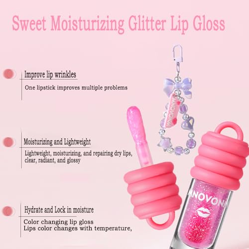 3 Colors Glimmer Tinted Lip Gloss Set, Shimmer Glossy Moisturizing Liquid Lipstick, Lip Make-Up for Girls and Women Party Gift With Bowknot Keychain Design