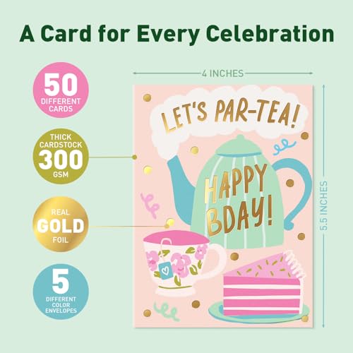 Bright Happy Birthday Cards Set with Envelopes - 50 Assorted Designs Bulk Pack
