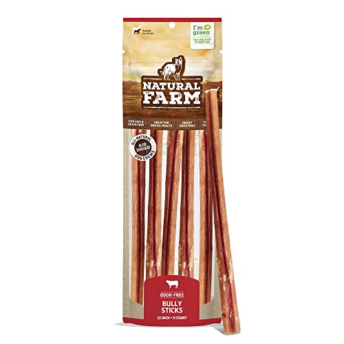 Natural Farm Bully Sticks, Odor-Free (12 Inch, 5 Count), 8.8 Oz. Per Bag, 100% Beef Chews, Grass-Fed, Non-GMO, Fully Digestible Dental Treats to Keep Your Small and Medium Dogs Busy and Happy