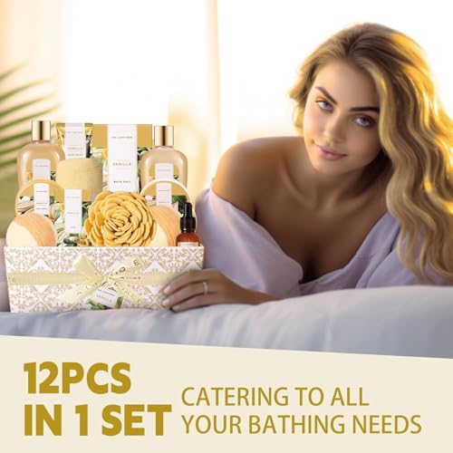 Spa Gift Set,12pcs Vanilla Shower Set, Pamper Gifts for Women, Bath Gift Set with Body Lotion, Bath Bomb, Bubble Bath, Bath Sets for Women Gifts Birthday Gifts, Mothers Day Gifts