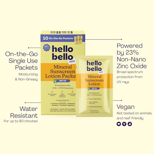 Hello Bello Kids SPF 50 Mineral Sunscreen Lotion - 10 Count Travel Packets - Water Resistant Broad Spectrum UVA + UVB Sun Protection