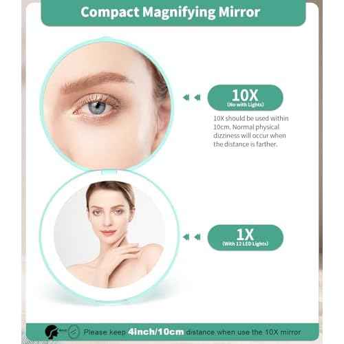 WOBSION Travel Compact Mirror,Portable 1x/10x LED Makeup Mirror with Magnification,Handheld 2-Sided Pocket Mirror, 3.5in Small Mirror for Purse,Handbag,Gift,Cyan&Pink,2 Pack