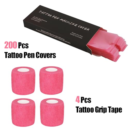 200 Pink Tattoo Pen Covers + 4 Grip Tapes Set