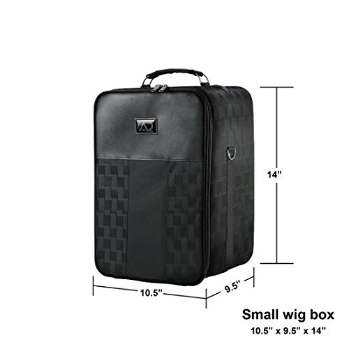 Small Wig Travel Box with Top Handle, Shoulder Strap & Double Zipper, Carrying Case with Removable Head-Holding Base - Black Square Design - by Adolfo Design