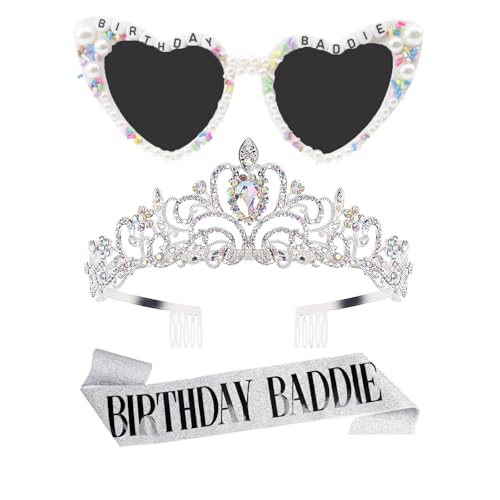 Birthday Baddie Glasses Set with Tiara & Sash - 3 Pc