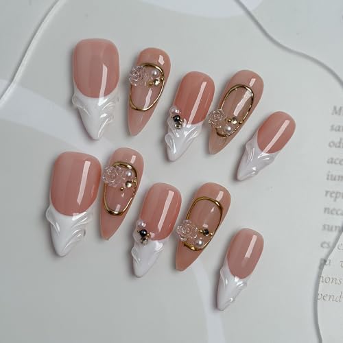 Sculpted Bloom Nude & White Elegant Press-On Nails, Gold Frame 3D Floral Luxury Bridal Nails for Wedding, 25mm Acrylic/UV Gel Classy Minimalist Nail Art (light pink, L)
