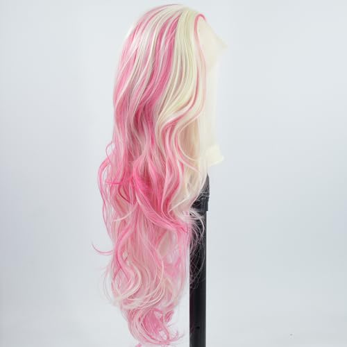 Long Wavy Hot Pink White Lace Front Wig Pink Skunk Stripe Platinum Blonde New Synthetic Hair For Women