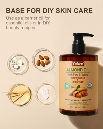 Yoken Organic Almond Oil 16 oz - 100% Pure Cold Pressed Moisturizer