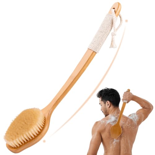 Bamboo Back Scrubber 17in Curved Handle with Boar Bristles