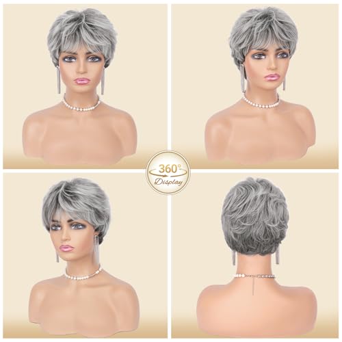 Gray Pixie Wig Short Layered Synthetic Hair Women