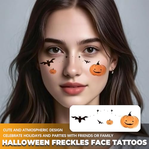 Halloween Freckles Face Tattoo, 12PCS Ghost Pumpkin Spider Bat Kids Temporary Tattoos, Women's Face Stickers for Day of the Dead, Halloween, Party Makeup
