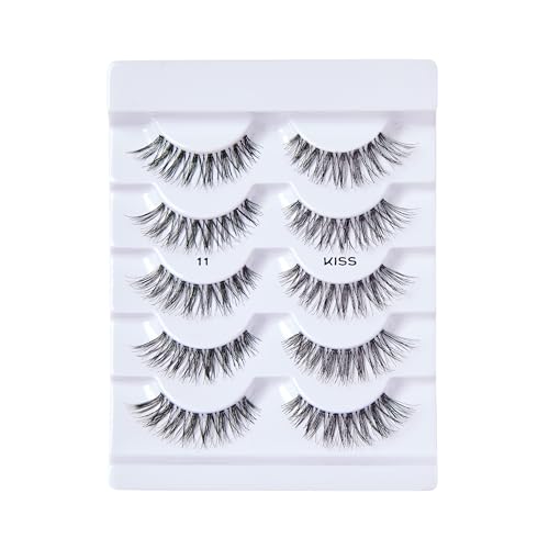 KISS So Wispy, False Eyelashes, Style #11', 12 mm, Includes 5 Pairs Of Lashes, Contact Lens Friendly, Easy to Apply, Reusable Strip Lashes, Glue On, Mulitpack