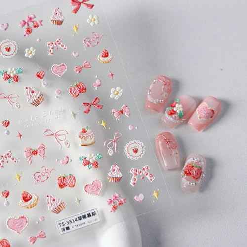5D Embossed Pink Nail Stickers for Nail Art Cake Strawberry Bow Nail Art Stickers Nail Decals Self Adhesive Cute Nails Design Manicure Supplies Charm for Women Nails Decorations
