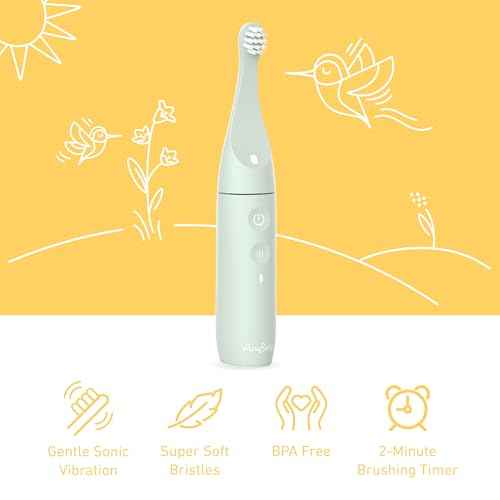 Pure Enrichment PureBaby Infant-to-Toddler Electric Toothbrush - Waterproof Baby & Toddler Toothbrush with Silicone & Bristle Heads, Sonic Vibration, & Timer - Ages 6 Mo-3 Yrs (Sage Green)