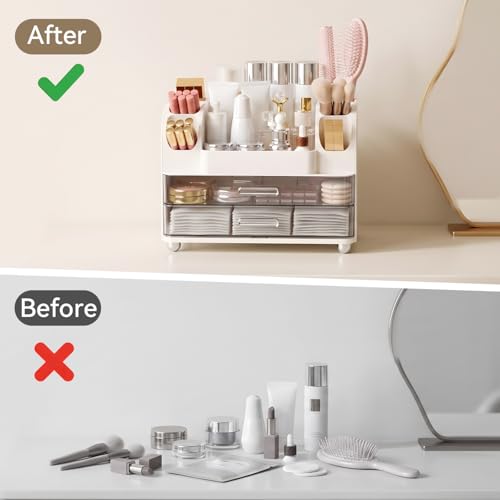 Makeup Organizer with 2 Drawers & 6 Brush Holders | White