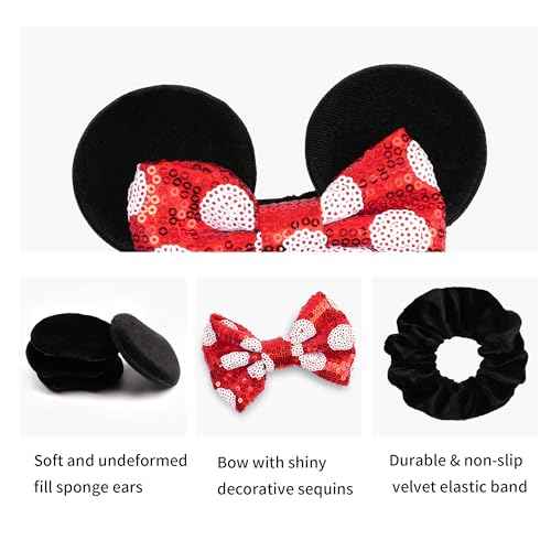 3 Pack Velvet Mouse Ears Scrunchies with Bow for Women Girls Elastic Hair Ties for Pony Tail Party Costume - Cute Hair Accessories