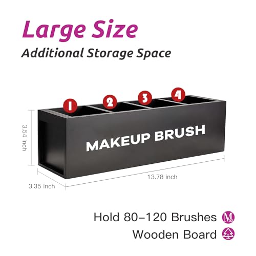 Suli Large Makeup Brush Holder Organizer, Wooden Cosmetic Brushes Storage with 4 Slots, Eyeliners Display Case for Vanity Desktop Bathroom Countertop -Black
