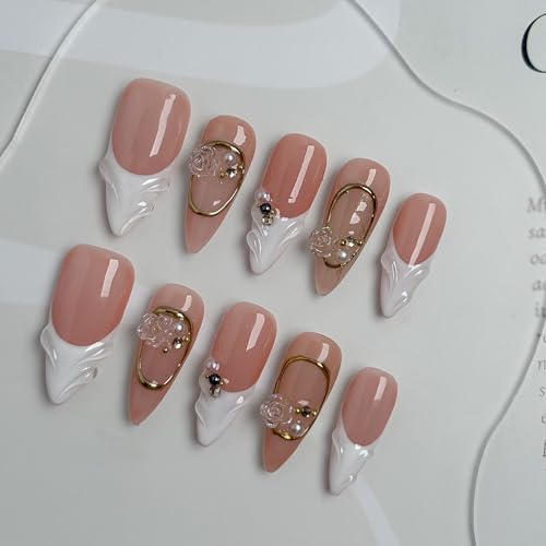 Sculpted Bloom Nude & White Elegant Press-On Nails, Gold Frame 3D Floral Luxury Bridal Nails for Wedding, 25mm Acrylic/UV Gel Classy Minimalist Nail Art (light pink, L)