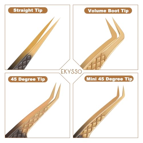 Lash Tweezers for Eyelash Extension, Set of 4 Lash Extension Tweezers with Diamond Grip, High Precision Eyelash Tweezers Set for Volume & Classic Lashes