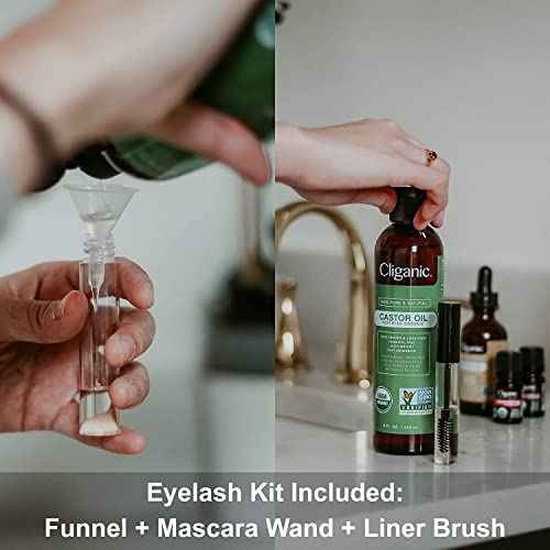 Cliganic Organic Castor Oil, 100% Pure (6oz with Eyelash Kit) - For Eyelashes, Eyebrows, Hair & Skin