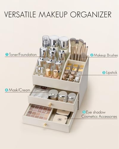 VLANDO 3-Layer Makeup Organizer with Drawers & Lipstick Holder