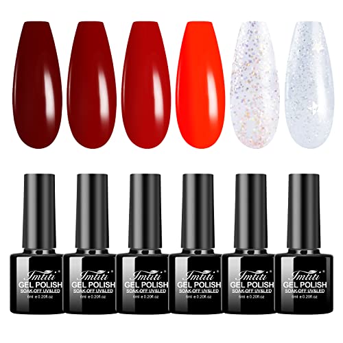 Imtiti Fall Gel Nail Polish Kit, 6 Colors Fall Winter Red Brown Yellow Gold Pumpkin Glitter Gel Polish Soak Off Nail Lamp UV Led Nail Gel DIY Manicure Art Halloween Christmas Wedding Kit