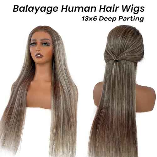 13x6 HD Lace Frontal Wigs Balayage Blonde Human Hair for Women 150% Density 24 Inch Real Hair Pre Plucked LIght Bleached Tiny Knots Highlight Lace Front Wigs Wlanut Brown Mixed 613 Blonde Wigs