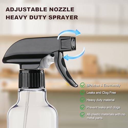12oz Plastic Spray Bottles with Adjustable Nozzle for Cleaning, Hair & Plants