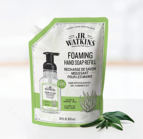 J.R. Watkins Foaming Hand Soap Refill, Moisturizing Foam Hand Wash, All Natural, Alcohol-Free, Cruelty-Free, USA Made, Aloe Green Tea, 28 fl oz, 3 Pack