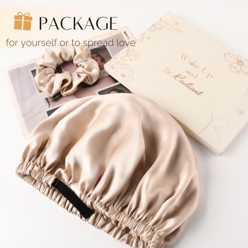 YANIBEST 22 Momme 100% Mulberry Silk Sleep Cap Silk Bonnet for Women - Sleeping Cap Hair Bonnet & Scrunchie Champagne