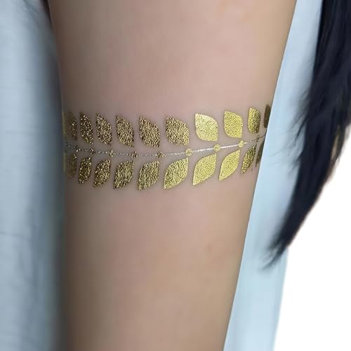 Aresvns Waterproof Metallic Temporary Tattoo,Gold Boho Snake Tattoos, 8 Sheets Gold Silver Fake Tattoos for Women Teen Girls
