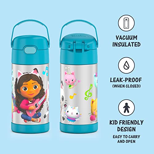 THERMOS FUNTAINER Water Bottle with Straw - 12 Ounce, Gabby’s Dollhouse - Kids Stainless Steel Vacuum Insulated Water Bottle with Lid