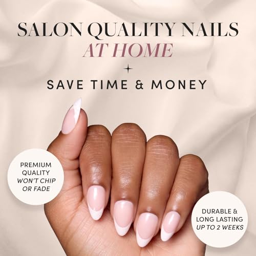 Glamnetic Press On Nails & Brush On Nail Glue Bundle - All Time Love | Short Almond Fake Nails with French Tips and Leaf Accents | 15 Sizes - 30 Nail Kit with Glue | Reusable, Salon-Quality Fake Nail
